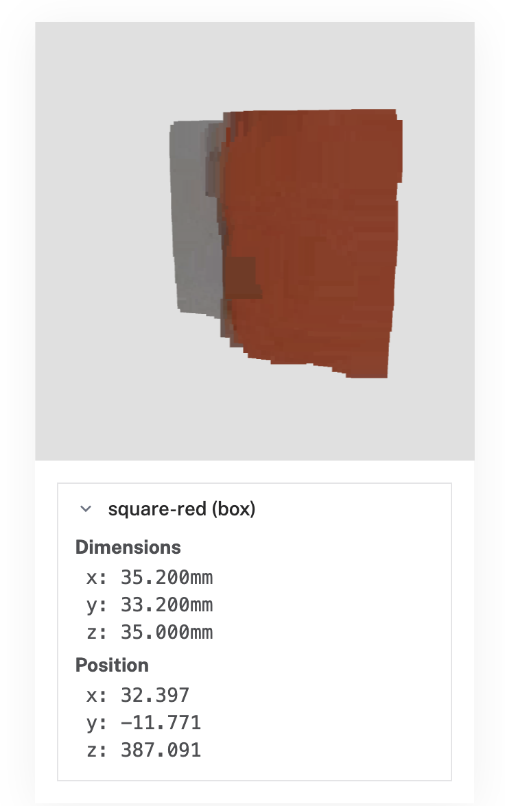 A vision-segment object point cloud labeled square-red (box) with its estimated dimensions and 3D position in the camera frame.